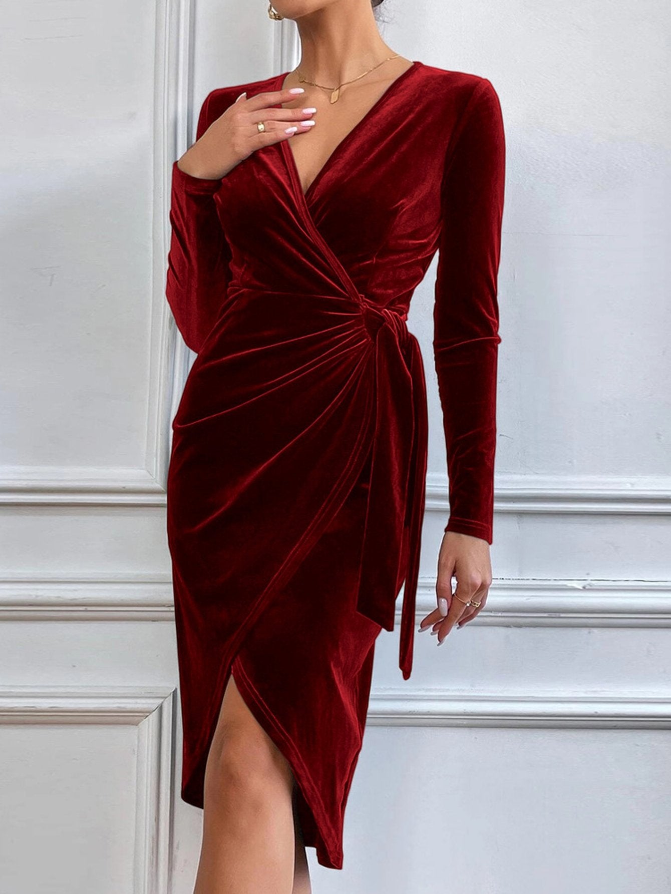 Elegant Velvet Wrap Midi Dress