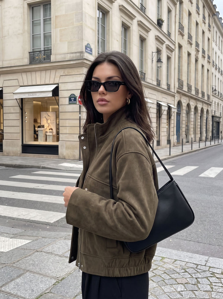 Cropped Suede Utility Bomber Jacket