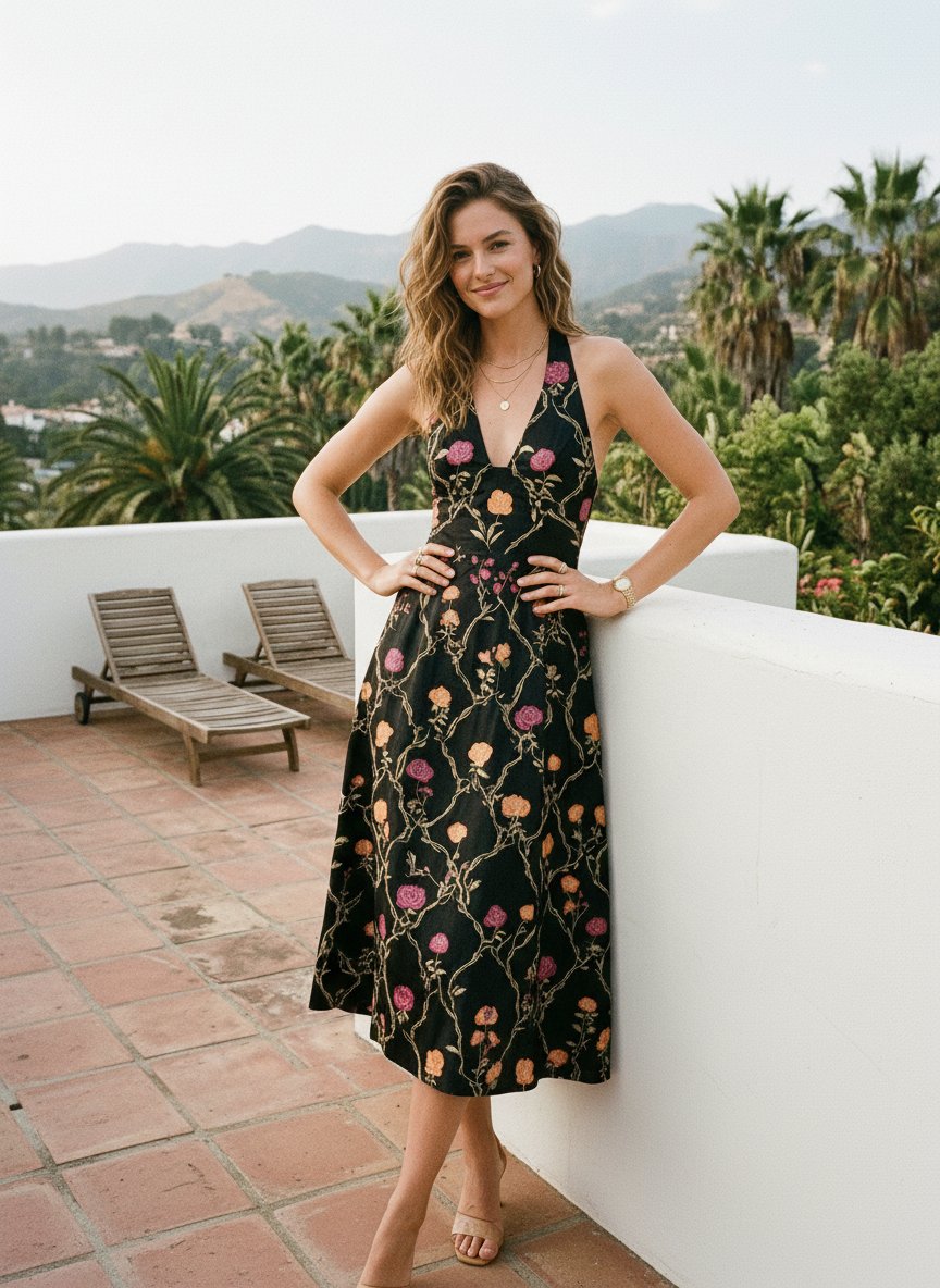 Floral Print Halter Neck Tie Back Midi Dress