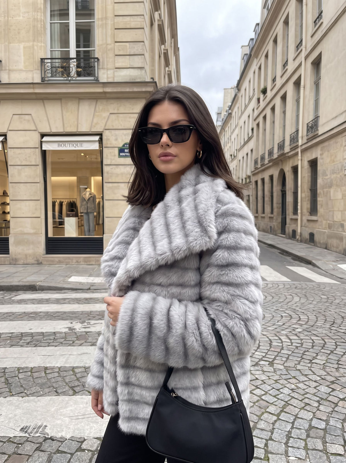 Luxury Striped Faux Fur Coat