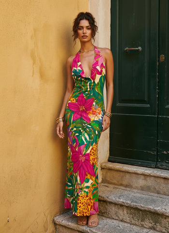 Floral Print Cowl Neck Bodycon Maxi Dress