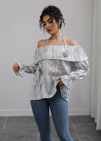 Off-the-Shoulder Ruffled Rose-Embellished Chic Blouse-Gray