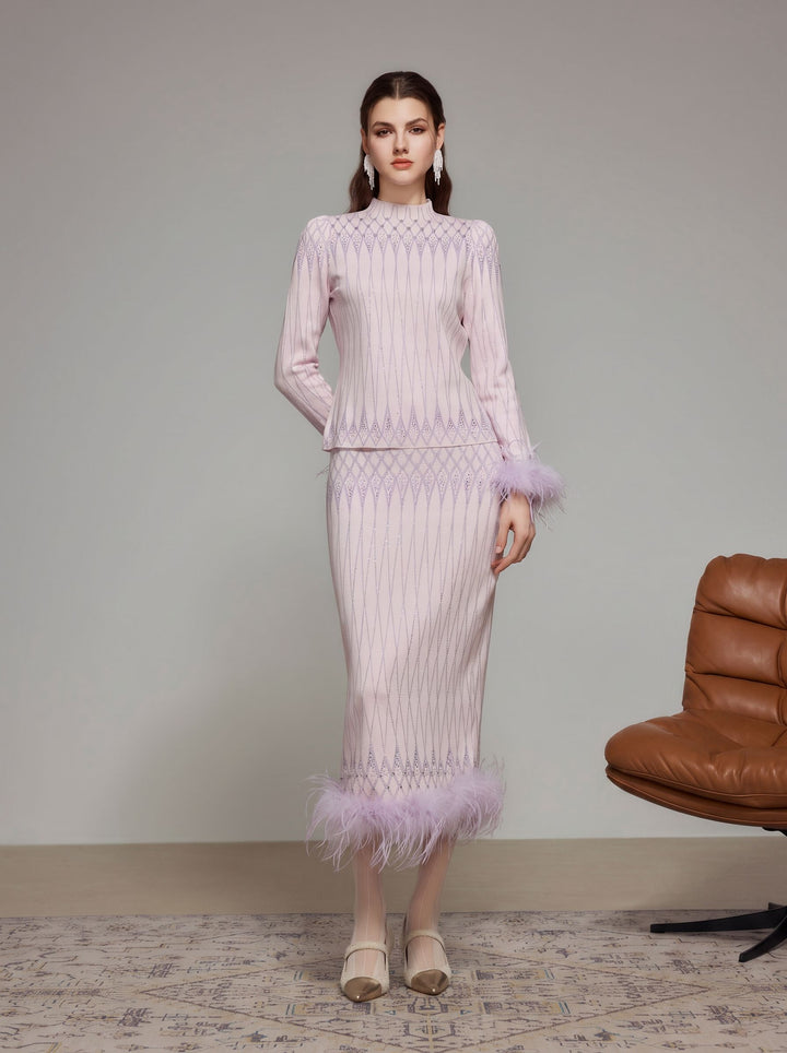 Sparkly Feather Trim Mock Neck Sweater
