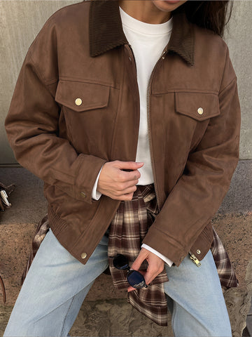 Brown Suede Ribbed Collar Jacket