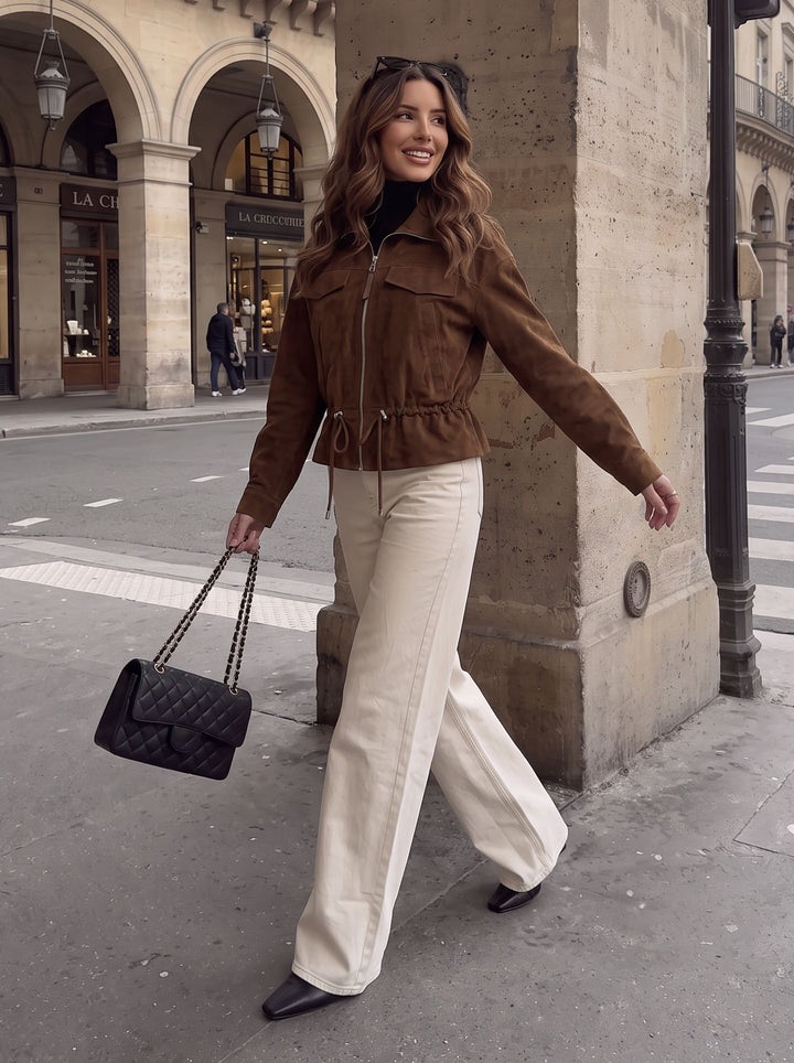 Cropped Suede Drawstring Utility Jacket