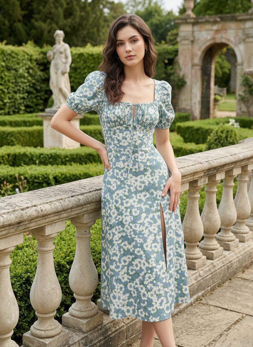 Floral Print Puff Sleeve Tie MidiDress
