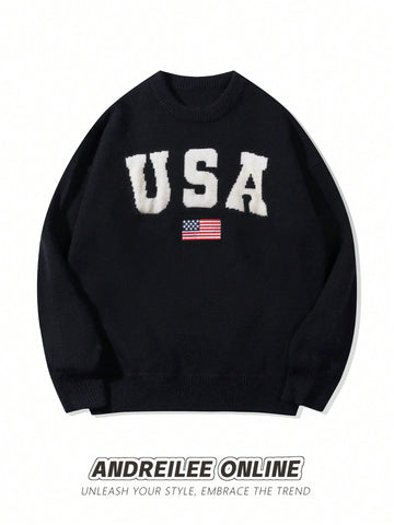 Oversized USA Graphic Knit Pullover Sweater