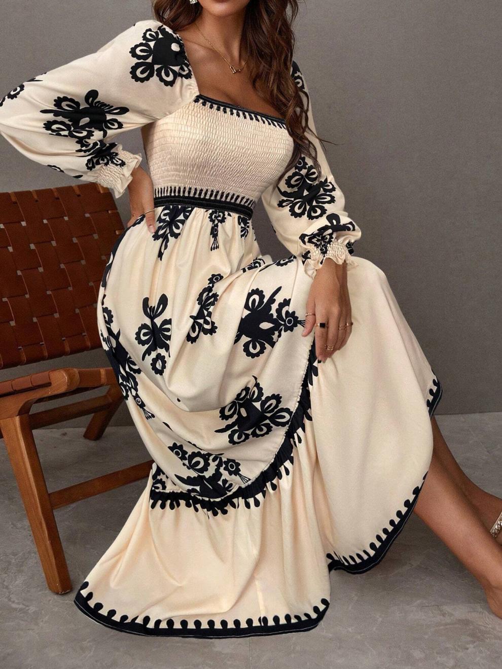 Embroidered Smocked Square Neck Maxi Dress