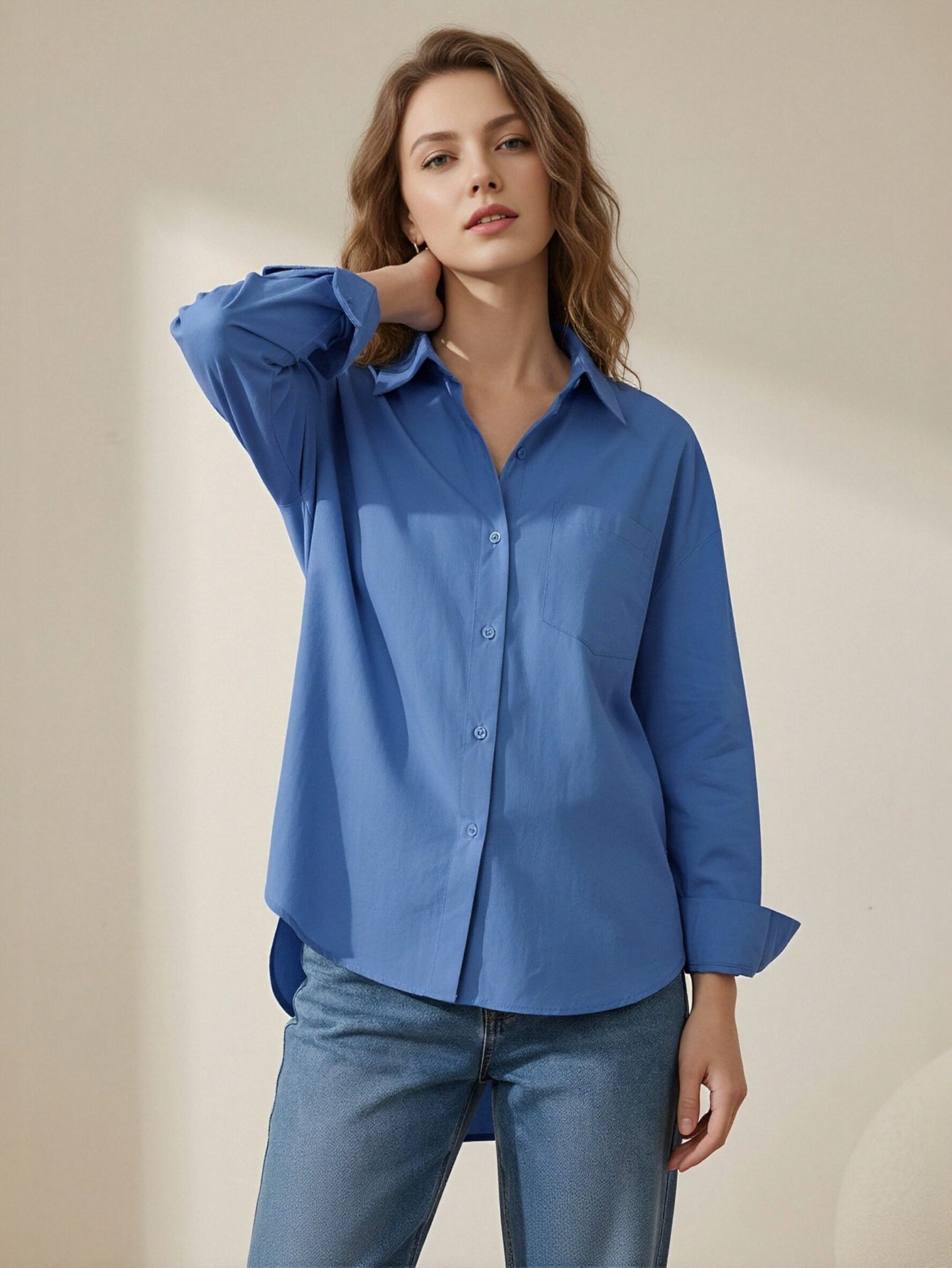 Classic Collar Long Sleeve Chest Pocket Classic Shirt-Blue