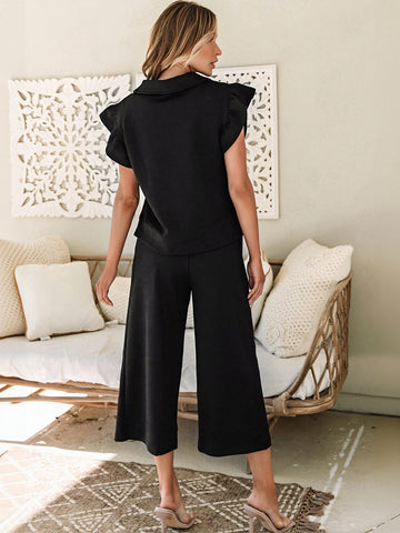 Textured Zipper Ruffle Top Pants Set