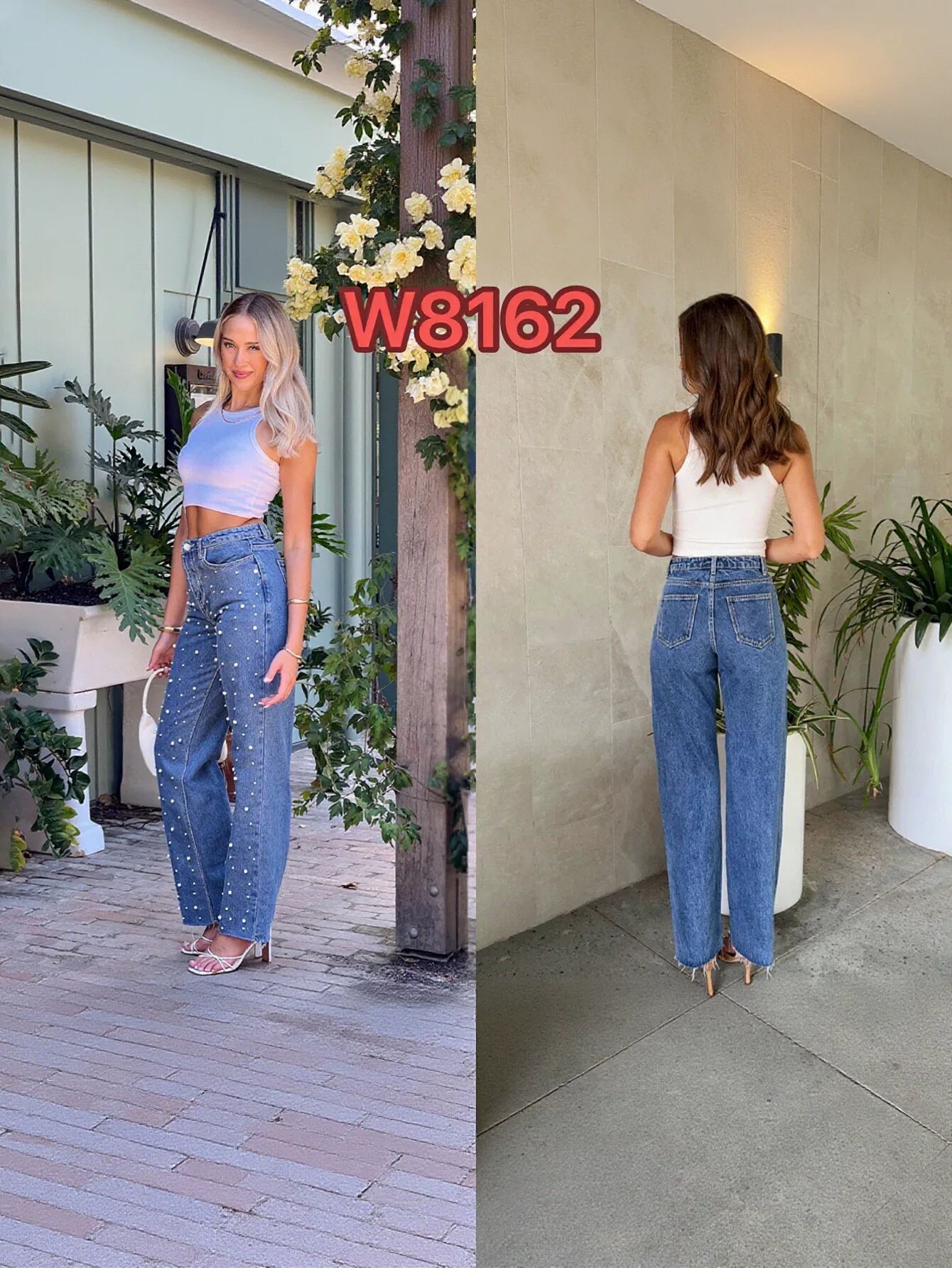 Embellished High Waisted Wide Leg Jeans
