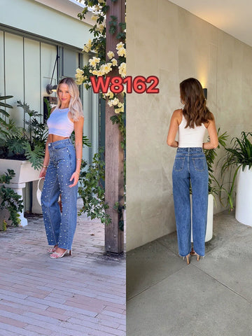 Embellished High Waisted Wide Leg Jeans