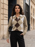 Preppy Argyle Collared Button Up Sweater