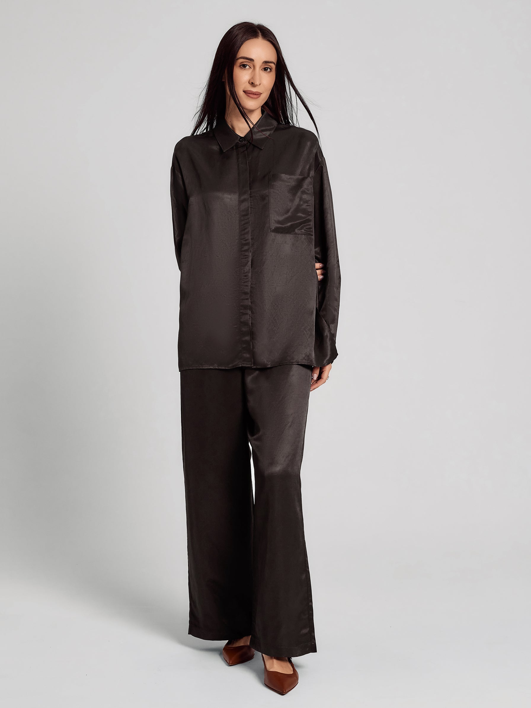SAÏA Drawstring Waist Wide-Leg Casual Pants-Dark Gray