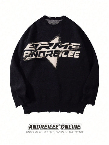 Distressed Graphic Oversized Knit Sweater