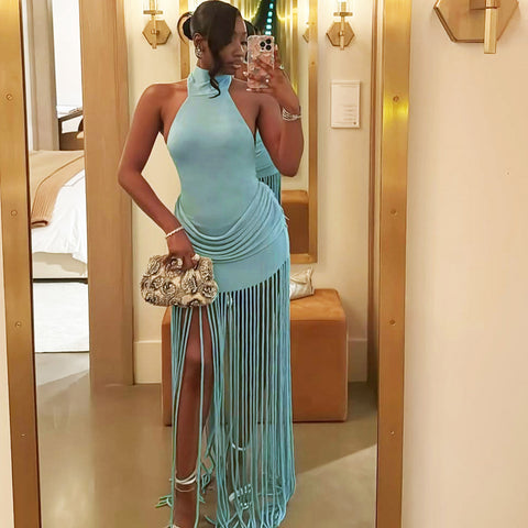 High Neck Fringe Skirt Glamorous Gown