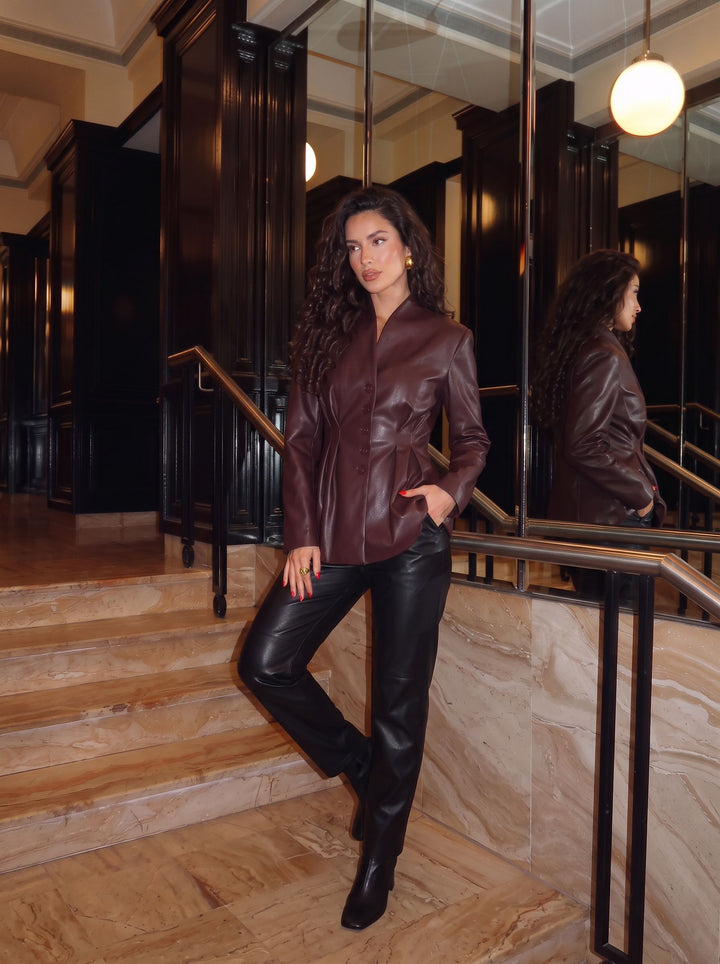 Tailored Cinched Waist Faux Leather Jacket