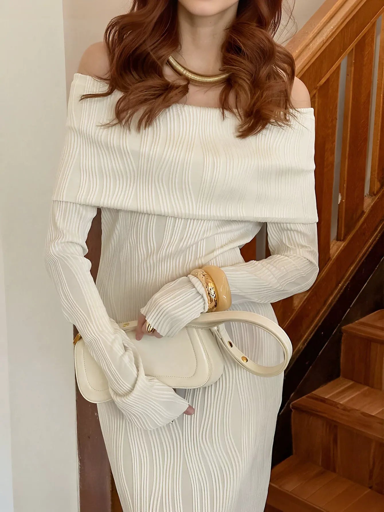 Off Shoulder Ribbed Knit Maxi Dress