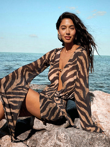 Sheer Animal Print Wrap Mini Dress