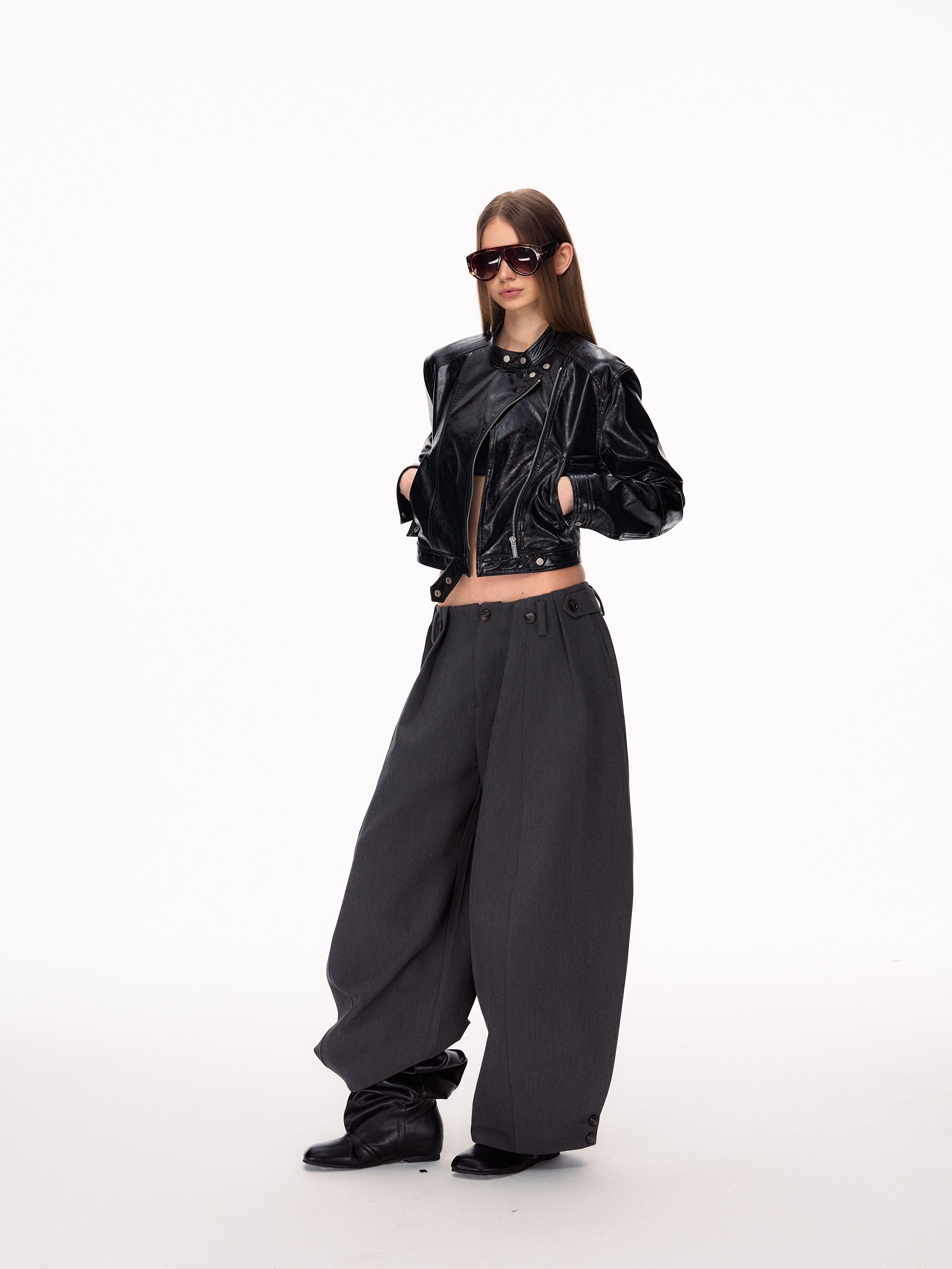 Cropped Slim Fit Biker Leather Jacket