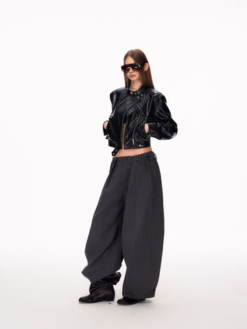 Cropped Slim Fit Biker Leather Jacket