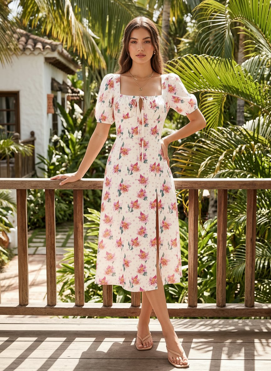 Floral Print Puff Sleeve Tie MidiDress
