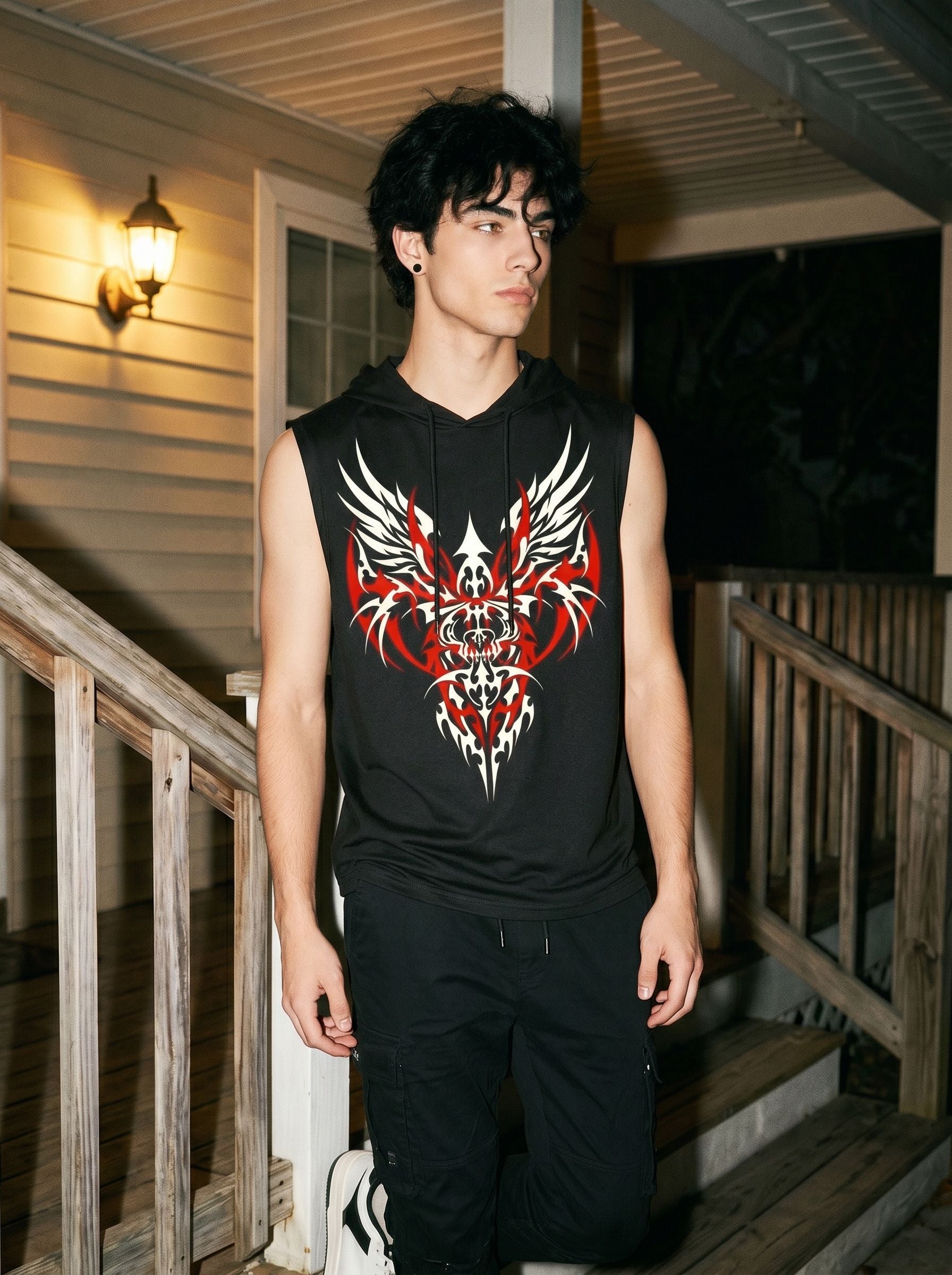 Graphic Print Hooded Sleeveless Tank Top