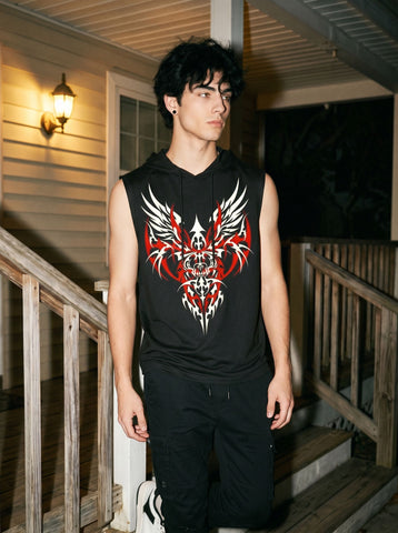 Graphic Print Hooded Sleeveless Tank Top