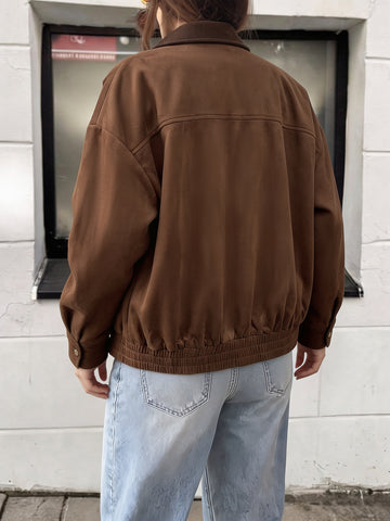 Brown Suede Ribbed Collar Jacket