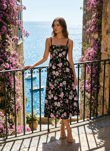 FLORA Floral Print Tiered Strap Midi Dress