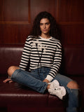 Floral Applique Striped Crewneck Sweatshirt