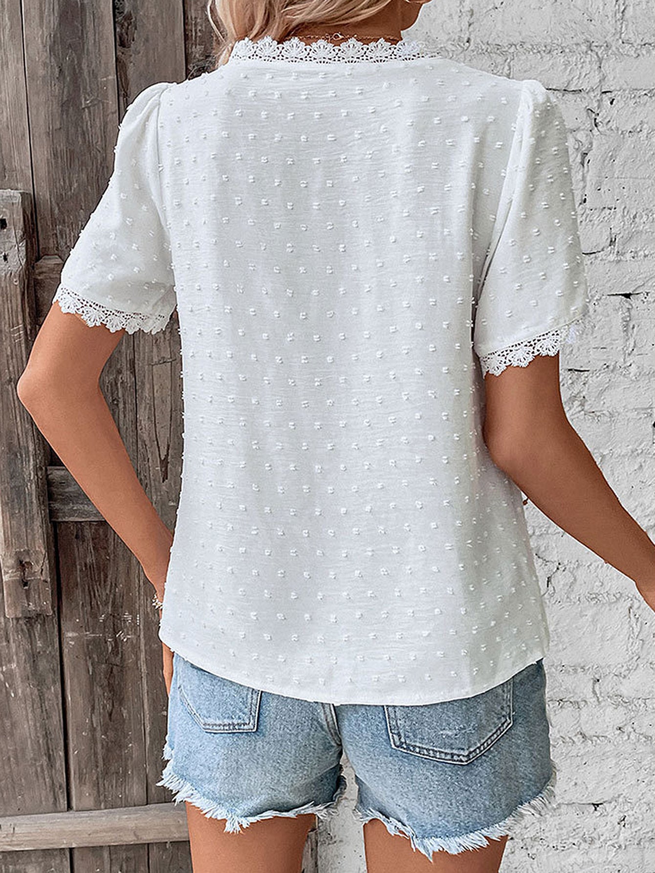 White Textured Lace Trim Blouse