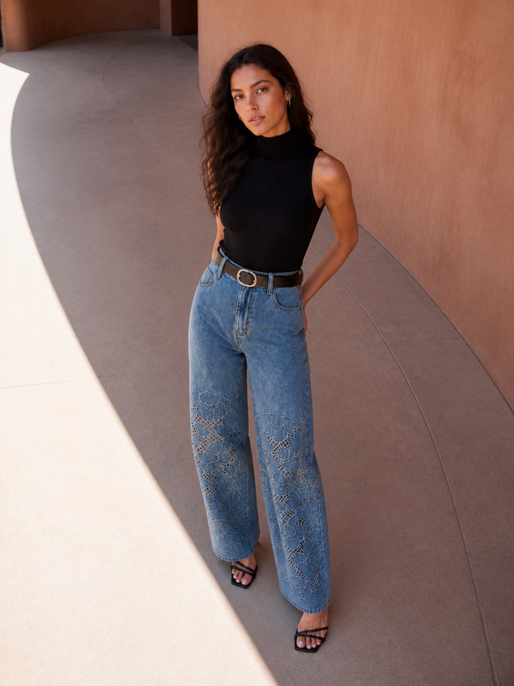 Embroidered Cutout High Waisted Wide Jeans
