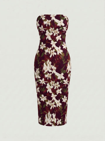 MAIA Floral Print Strapless Sheath Midi Dress