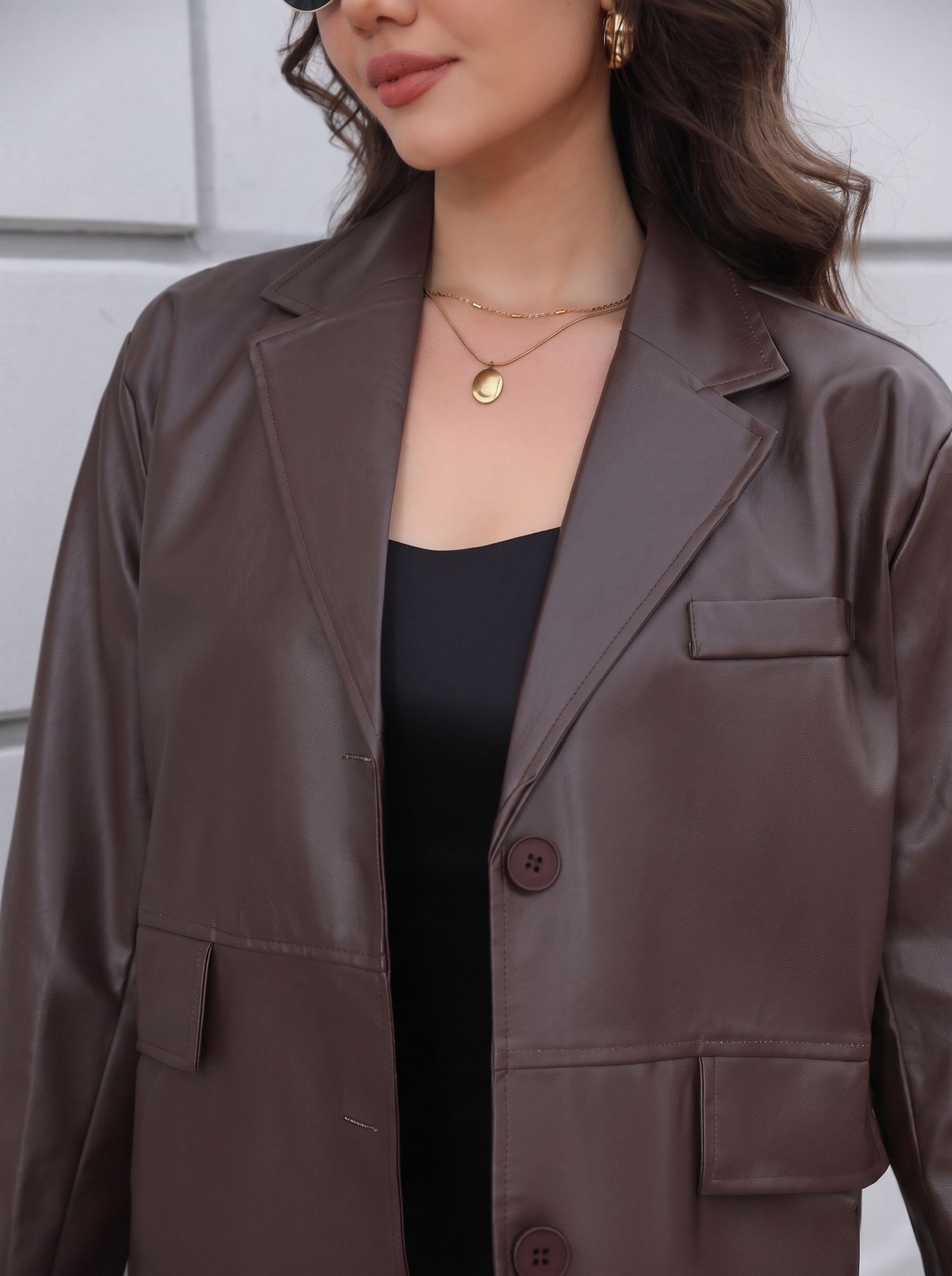Classic Oversized Brown Faux Leather Blazer