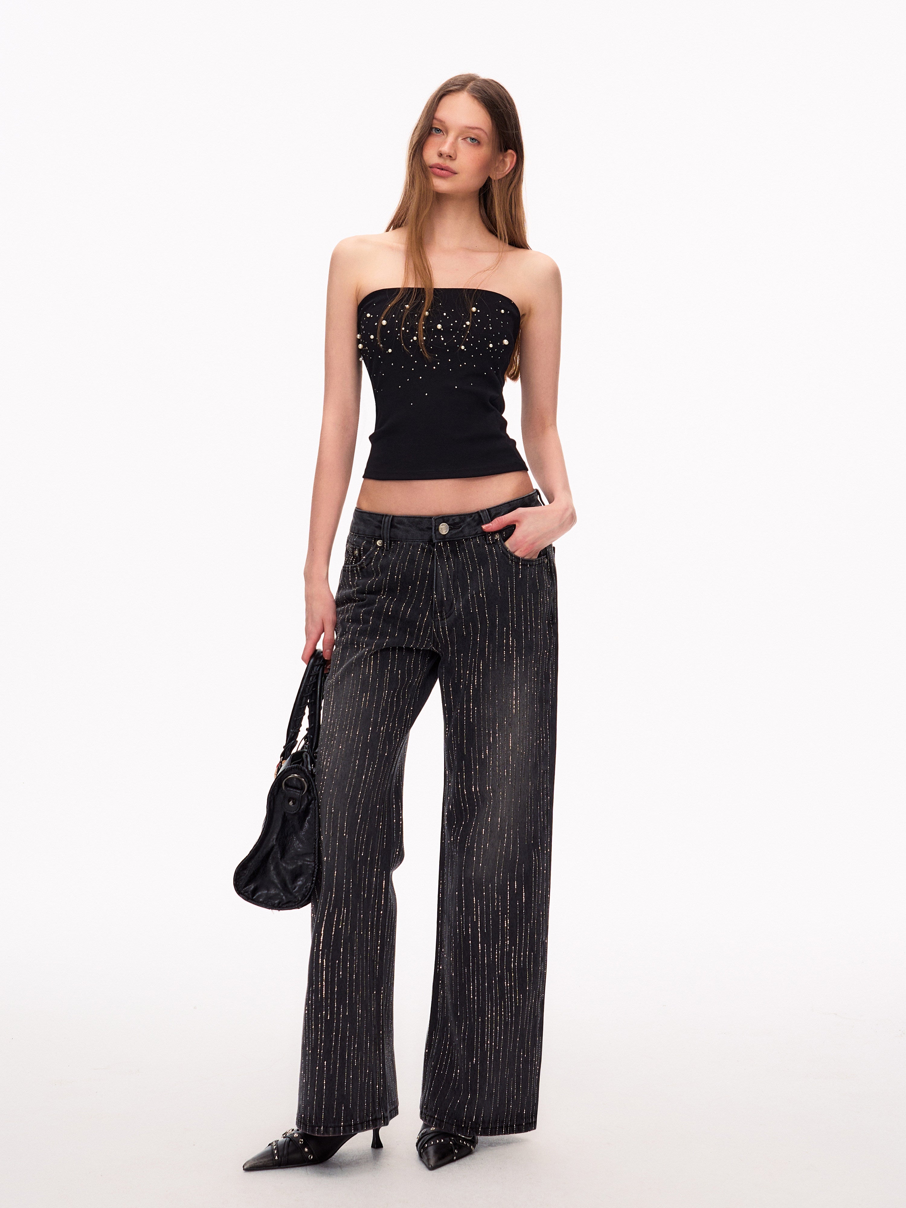 Sparkly Rhinestone High Waisted Wide Leg Jeans