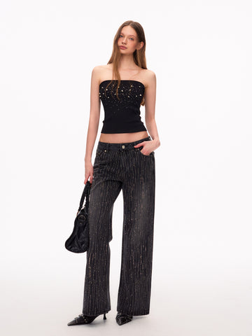 Sparkly Rhinestone High Waisted Wide Leg Jeans