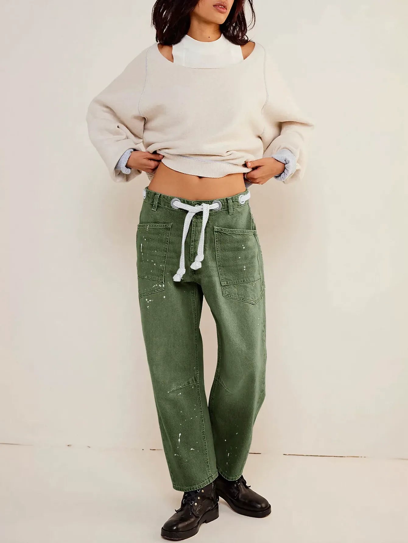 Distressed Drawstring Waist Boyfriend Jeans