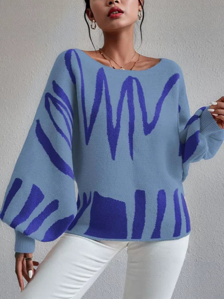 Off Shoulder Abstract Print Pullover Sweater