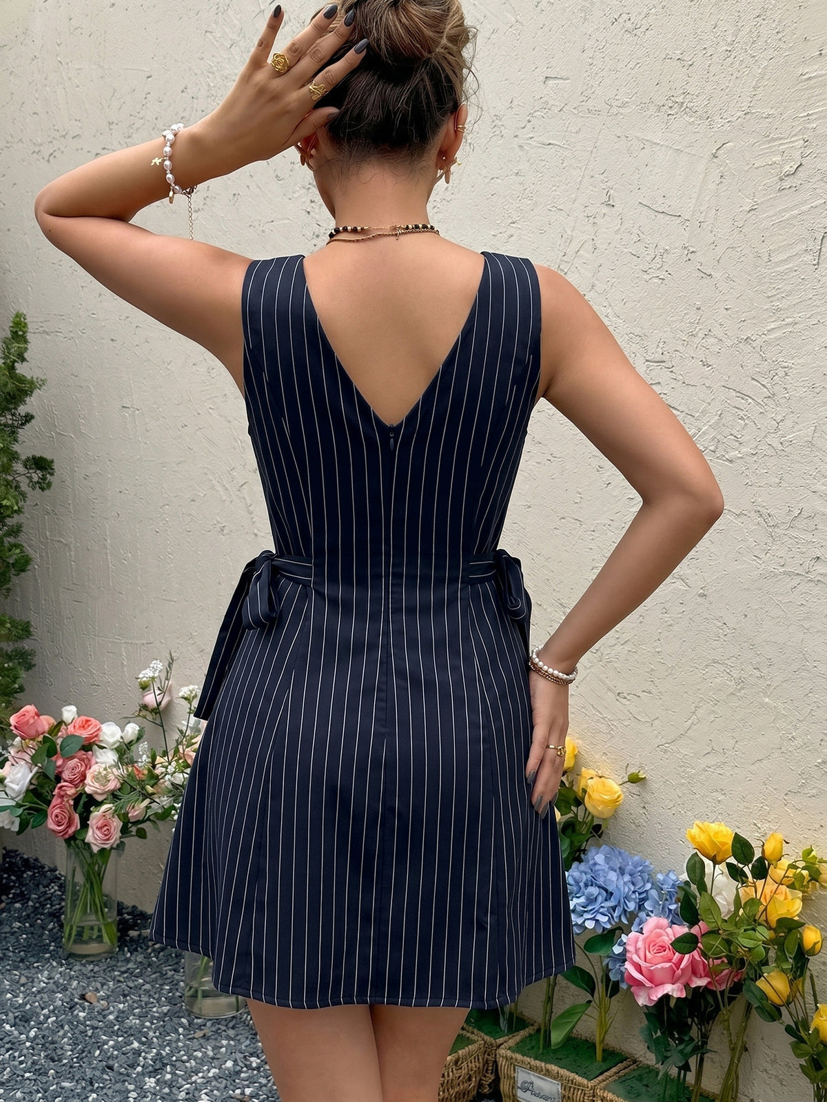Sleeveless Pinstripe Tie Waist Mini Dress