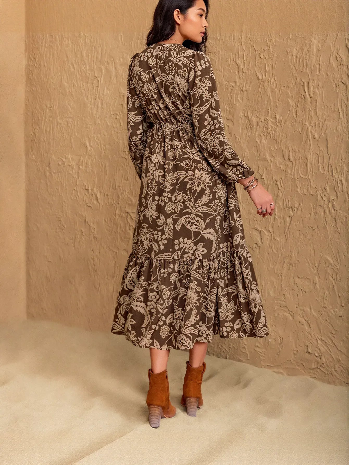 Boho Floral V Neck Midi Dress