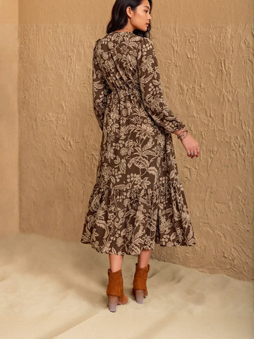 Boho Floral V Neck Midi Dress
