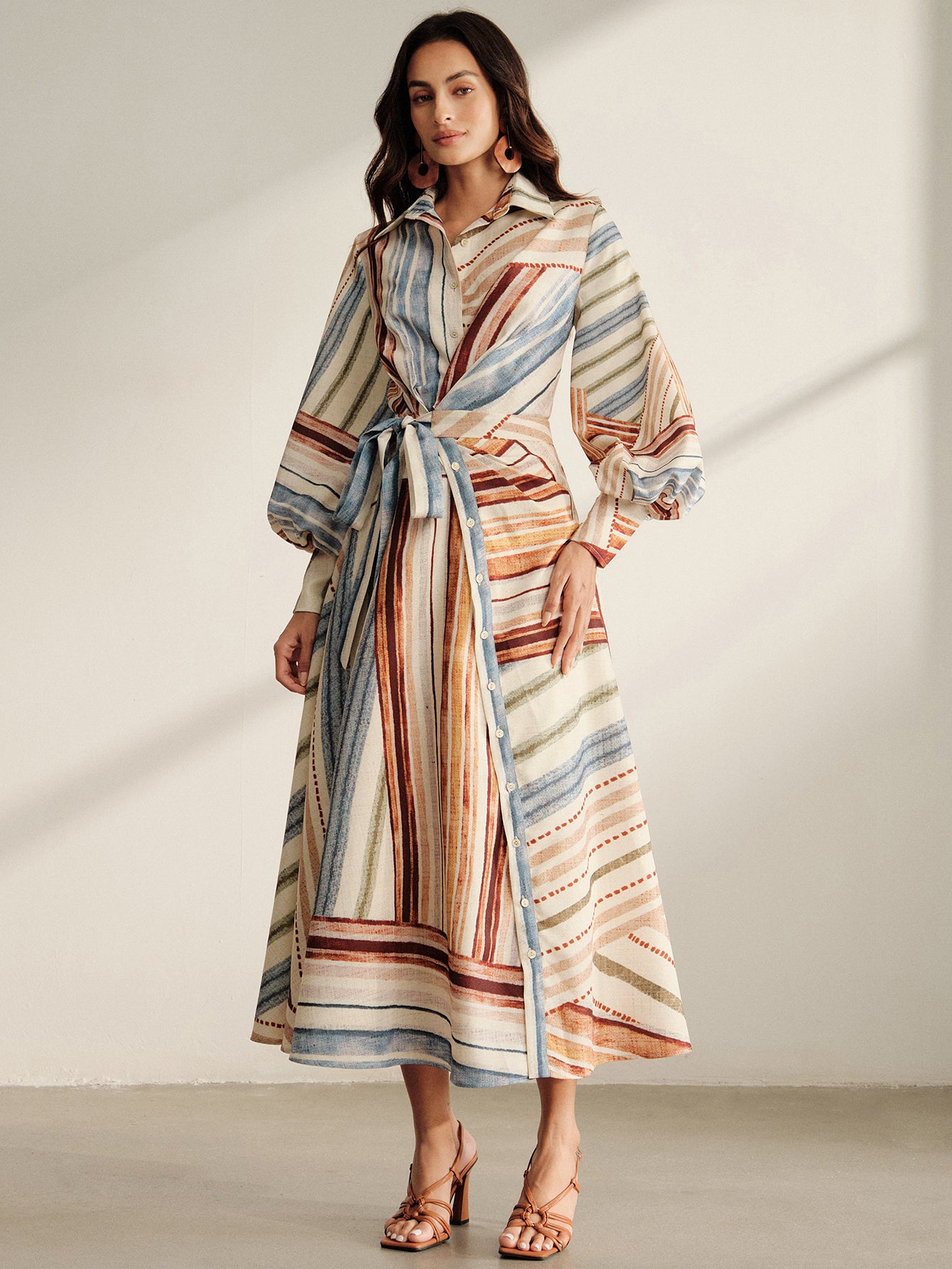 Striped Balloon Sleeve Midi Shirt Dress