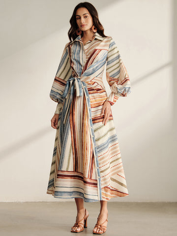 Striped Balloon Sleeve Midi Shirt Dress