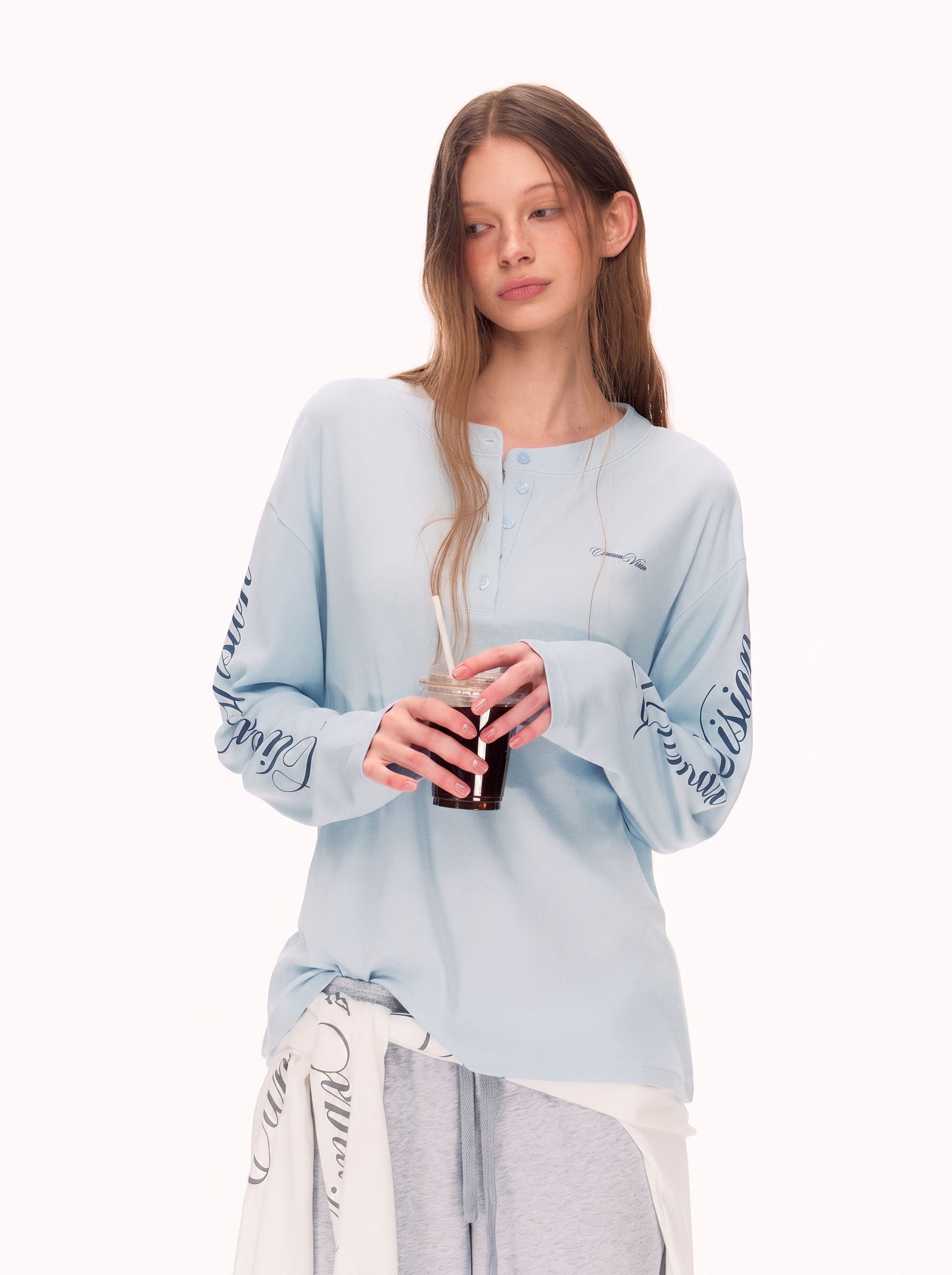 Oversized Thermal Henley Long Sleeve T Shirt