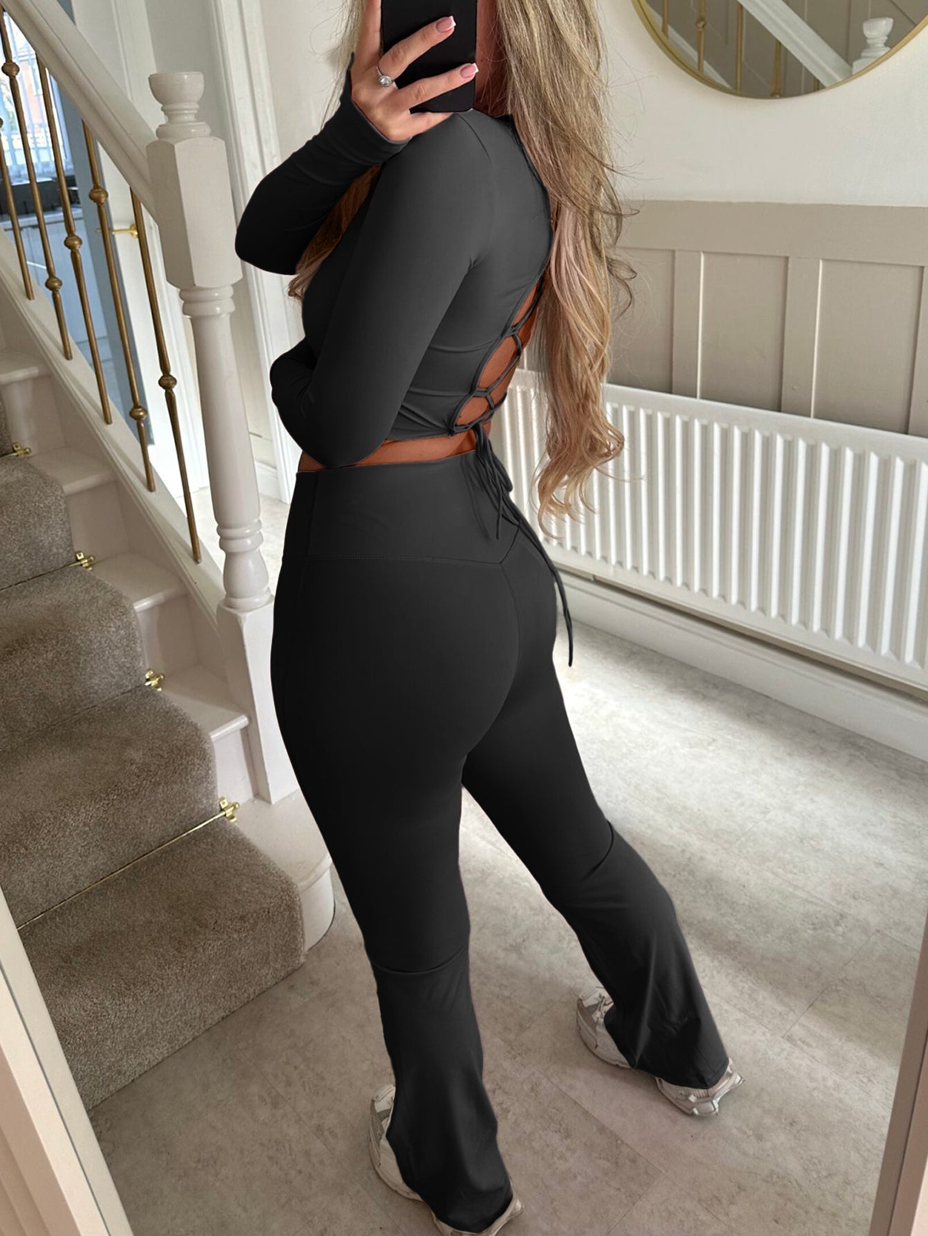Long-Sleeve Crop Top Flare-Leg Pants Athleisure Set