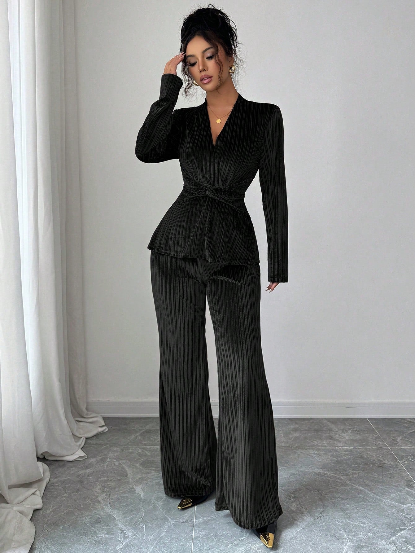 Elegant Pleated Velvet Trouser Set