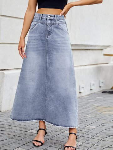 High Waisted Raw Hem Denim Skirt