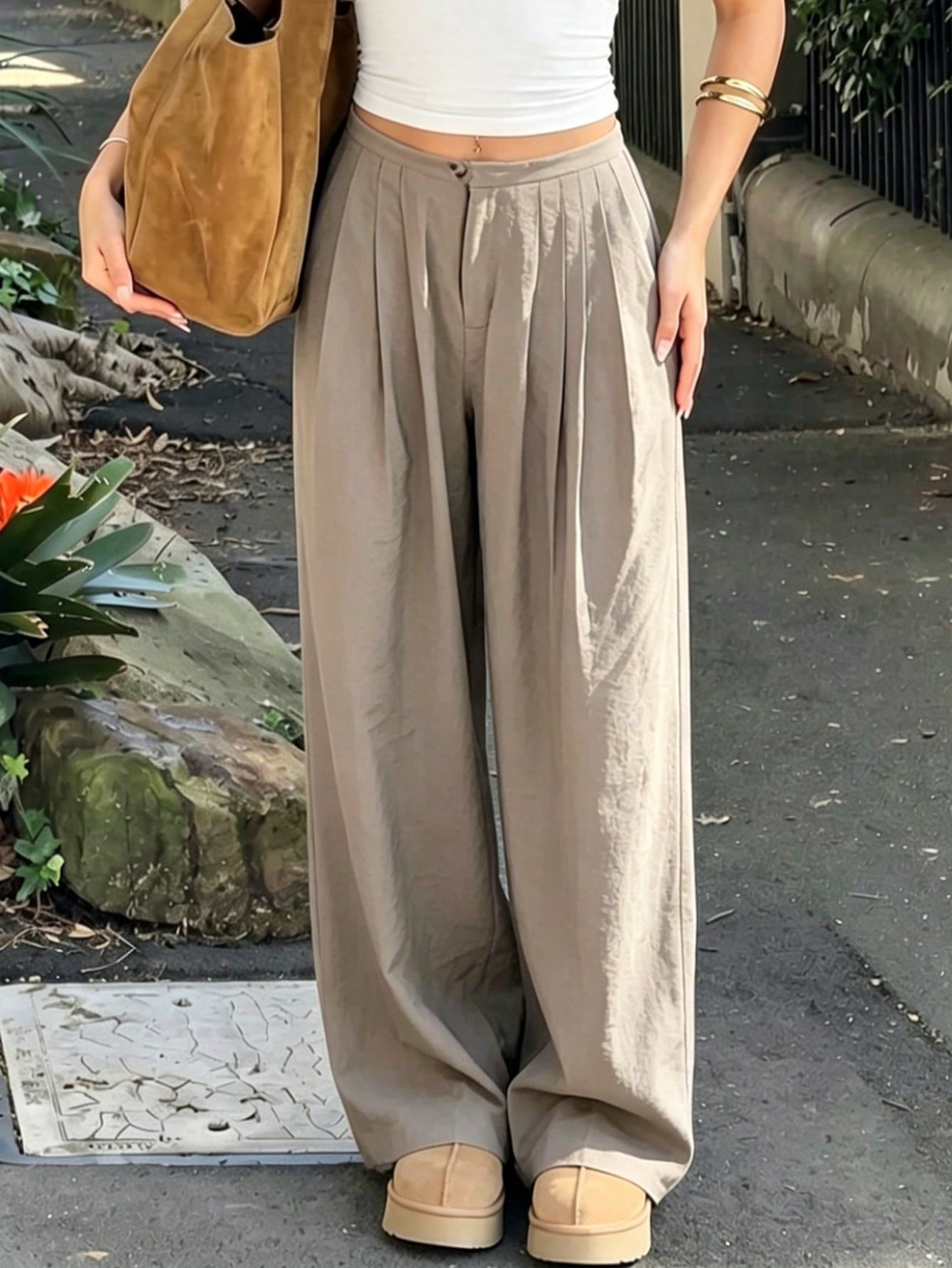 High Waisted Pleated Wide Leg Trousers