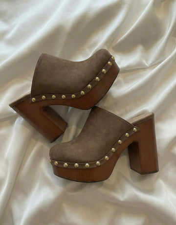Wooden Heel Studded Edgy Heels-Multicolor